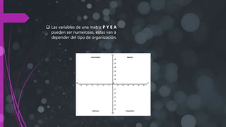  Las variables de una matriz P Y E A
pueden ser numerosas, estas van a
depender del tipo de organización.
 