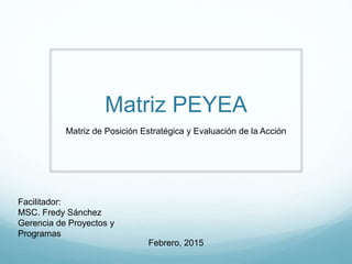 Matriz PEYEA
Matriz de Posición Estratégica y Evaluación de la Acción
Facilitador:
MSC. Fredy Sánchez
Gerencia de Proyectos y
Programas
Febrero, 2015
 