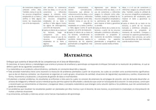 12
de conectores asegura la
cohesión entre ellas.
También, revisa el uso de
los recursos ortográficos
empleando en su texto y
verifica si falta alguno
(como las mayúsculas),
con el fin de mejorarlo.
que afectan la coherencia
entre las ideas, o si el uso de
conectores y referentes
asegura la cohesión entre
ellas. También revisa el uso de
los recursos ortográficos
empleados en su texto y
verifica si falta alguno (como
los signos de interrogación),
con el fin de mejorarlo.
 Explica el efecto de su texto en
los lectores, luego de
compartirlo con otros.
También, revisa el uso de los
recursos ortográficos
empleados en su texto y
algunos aspectos
gramaticales.
situación comunicativa, si
existen contradicciones
innecesarias que afectan la
coherencia entre las ideas, o si el
uso de conectores y referentes
asegura la cohesión entre ellas.
También revisa el uso de los
recursos ortográficos
empleados en su texto y verifica
si falta alguno (como el punto
aparte), con el fin de mejorarlo.
 Explica el efecto de su texto en
los lectores, considerando su
propósito al momento de
escribirlo. Asimismo, explica la
importancia de los aspectos
gramaticales y ortográficos más
comunes.
digresiones que afectan la
coherencia entre las ideas, o si el
uso de conectores y referentes
asegura la cohesión entre ellas.
También, evalúa la utilidad de los
recursos ortográficos empleados y
la pertinencia del vocabulario,
para mejorar el texto y garantizar
su sentido.
 Evalúa el efecto de su texto en los
lectores, a partir de los recursos
textuales y estilísticos utilizados, y
considerando su propósito al
momento de escribirlo. Compara
y contrasta los aspectos
gramaticales y ortográficos más
comunes cuando evalúa el texto.
ideas, o si el uso de conectores y
referentes asegura la cohesión entre
ellas. También, evalúa la utilidad de
los recursos ortográficos empleadosy
la pertinencia del vocabulario, para
mejorar el texto y garantizar su
sentido.
 Evalúa el efecto de su texto en los
lectores, a partir de los recursos
textuales y estilísticos utilizados, y
considerando su propósito al
momento de escribirlo. Compara y
contrasta los aspectos gramaticales y
ortográficos más comunes, así como
las características de tipos textuales,
cuando evalúa el texto.
MATEMÁTICA
Enfoque que sustenta el desarrollo de las competencias en el área de Matemática
En esta área, el marco teórico y metodológico que orienta el proceso de enseñanza y aprendizaje corresponde al enfoque Centrado en la resolución de problemas, el cual se
define a partir de las siguientes características:
• La matemática es un producto cultural dinámico, cambiante, en constante desarrollo y reajuste.
• Toda actividad matemática tiene como escenario la resolución de problemas planteados a partir de situaciones, las cuales se conciben como acontecimientos significativos
que se dan en diversos contextos. Las situaciones se organizan en cuatro grupos: situaciones de cantidad; situaciones de regularidad, equivalencia y cambio; situaciones de
forma, movimiento y localización; y situaciones de gestión de datos e incertidumbre.
• Al plantear y resolver problemas, los estudiantes se enfrentan a retos para los cuales no conocen de antemano las estrategias de solución, esto les demanda desarrollar un
proceso de indagación y reflexión social e individual que les permita superar las dificultades u obstáculos que surjan en la búsqueda de la solución. En este proceso, construyen
y reconstruyen sus conocimientos al relacionar y reorganizar ideas y conceptos matemáticos que emergen como solución óptima a los problemas, que irán aumentando en
grado de complejidad.
• Los problemas que resuelven los estudiantes pueden ser planteados por ellos mismos o por el docente; de esta manera, se promoverá la creatividad y la interpretación de
nuevas y diversas situaciones.
• Las emociones, actitudes y creencias actúan como fuerzas impulsadoras del aprendizaje.
 