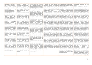 20
y establece “es más largo
que” o “es más corto que”.
Expresa con material
concreto y bosquejos los
desplazamientos y
posiciones de objetos o
personas tomando como
punto de referencia su
propia posición; hace uso de
expresiones como “arriba”,
“abajo”, “detrás de”,
“encima de”, “debajo de”,
“al lado”, “dentro”, “fuera”,
“en el borde”.
Emplea estrategias
heurísticas, recursos y
procedimientos de
comparación para medir
directamente la longitud de
dos objetos con unidades no
convencionales (dedos,
manos, pies, pasos, brazos, y
objetos como clips, lápices,
palillos, etc.) y la
visualización para construir
objetos con material
concreto.
Hace afirmaciones sobre
algunas propiedades físicas o
semejanzas de los objetos y
las prueba con ejemplos
concretos. Así también,
explica el proceso seguido.
Ejemplo: El estudiante
podría decir: “Algunos
objetos con puntas no
ruedan”, “Estos dos objetos
tienen la misma forma
(pelota y canica)”, etc.
longitud). Ejemplo: El
estudiante, luego de enrollar y
desenrollar sorbetes de
diferentes tamaños, losordena
por su longitud, desde el más
largo hasta el más corto, y
viceversa.
Expresa con material concreto,
bosquejos o gráficos los
desplazamientos y posiciones
de objetos o personas con
relación a un punto de
referencia; hace uso de
expresiones como “sube”,
“entra”, “hacia adelante”,
“hacia arriba”, “a la derecha”,
“por el borde”, “en frente de”,
etc., apoyándose con códigos
de flechas.
Emplea estrategias, recursos y
procedimientos basados en la
manipulación y visualización,
para construir objetos y medir
su longitud usando unidades
no convencionales (manos,
pasos, pies, etc.).
Hace afirmaciones sobre las
semejanzas y diferencias entre
las formas geométricas, y las
explica con ejemplos concretos
y con base en sus
conocimientos matemáticos.
Asimismo, explica el proceso
seguido. Ejemplo: El estudiante
afirma que todas las figuras
que tienen tres lados son
triángulos o que una forma
geométrica sigue siendo la
misma aunque cambie de
posición.
“contiene menos que” e identifica
que la cantidad contenida en un
recipiente permanece invariante a
pesar de que se distribuya en otros
de distinta forma y tamaño
(conservación de la capacidad).
Expresa con gráficos los
desplazamientos y posiciones de
objetos o personas con relación a
objetos fijos como puntos de
referencia; hace uso de algunas
expresiones del lenguaje
geométrico.
Emplea estrategias heurísticas y
procedimientos como la
composición y descomposición, el
doblado, el recorte, la
visualización y diversos recursos
para construir formas y figuras
simétricas (a partir de
instrucciones escritas u orales).
Asimismo, usa diversas estrategias
para medir de manera exacta o
aproximada (estimar) la longitud
(centímetro, metro) y el contorno
de una figura, y comparar la
capacidad y superficie de los
objetos empleando la unidad de
medida, no convencional o
convencional, según convenga, así
como algunos instrumentos de
medición.
Hace afirmaciones sobre algunas
relaciones entre elementos de las
formas, su composición o
descomposición, y las explica con
ejemplos concretos o dibujos.
Asimismo, explica el proceso
seguido. Ejemplo: El estudiante
podría decir: “Todos los cuadrados
se pueden formar con dos
triángulos iguales”.
a objetos fijos como puntos de
referencia. Ejemplo: El estudiante
podría dar instrucciones a partir de
objetos del entorno para ubicarotros,
o a partir de lugares del entorno para
ubicarse o ubicar a otros.
Emplea estrategias, recursos y
procedimientos como la composición
y descomposición, la visualización, así
como el uso de las cuadrículas, para
construir formas simétricas, ubicar
objetos y trasladar figuras, usando re-
cursos. Así también, usa diversas
estrategias para medir, de manera
exacta o aproximada (estimar), la
medida de los ángulos respecto al
ángulo recto, la longitud, el perímetro
(metro y centímetro), la superficie
(unidades patrón) y la capacidad (en
litro y con fracciones) de los objetos, y
hace conversiones de unidades de
longitud. Emplea la unidad de medida,
convencional o no convencional,
según convenga, así como algunos
instrumentos de medición (cinta
métrica, regla, envases o recipientes).
Hace afirmaciones sobre algunas
relaciones entre elementos de las
formas y su desarrollo en el plano, y
explica sus semejanzas y diferencias
mediante ejemplos concretos o
dibujos con base en su exploración o
visualización. Así también, explica el
proceso seguido. Ejemplo: El
estudiante podría decir: “Un cubo se
puede construir con una plantilla que
contenga 6 cuadrados del mismo
tamaño”.
las ampliaciones, reducciones y
reflexiones de una figura plana en
el plano cartesiano.
-Emplea estrategias de cálculo, la
visualización y los procedimientos
de composición y descomposición
para construir formas, ángulos,
realizar ampliaciones, reducciones
y reflexiones de las figuras, así
como para hacer trazos en el
plano cartesiano. Para ello, usa
diversos recursos e instrumentos
de dibujo. También, usa diversas
estrategias para medir, de manera
exacta o aproximada (estimar), la
medida de ángulos, la longitud
(perímetro, kilómetro, metro), la
superficie (unidades patrón), la
capacidad (en litros y en
decimales) de los objetos; además,
realiza conversiones de unidades
de longitud mediante cálculos
numéricos y usa la propiedad
transitiva para ordenar objetos
según su longitud. Emplea la
unidad no convencional o
convencional, según convenga, así
como algunos instrumentos de
medición.
-Plantea afirmaciones sobre las
relaciones entre los objetos, entre
los objetos y las formas
geométricas, y entre las formas
geométricas, así como su
desarrollo en el plano, y lasexplica
con argumentos basa dos en
ejemplos concretos, gráficos y en
sus conocimientos matemáticos
con base en su exploración o
visualización. Así también, explica
el proceso seguido.
coordenadas presentes en los
mapas.
Emplea estrategias heurísticas,
estrategias de cálculo, la
visualización y los procedimientos de
composición y descomposición para
construir formas desdeperspectivas,
desarrollo de sólidos, realizar giros
en el plano, así como para trazar
recorridos. Usa diversas estrategias
para construir ángulos, medir la
longitud (cm) y la superficie (m2,
cm2), y comparar el área de dos
superficies o la capacidad de los
objetos, de manera exacta o
aproximada. Realiza cálculos
numéricos para hacer conversiones
de medidas (unida- des de longitud).
Emplea la unidad de medida no
convencional o convencional, según
convenga, así como instrumentos de
dibujo (compás, transportador) y de
medición, y di- versos recursos.
Plantea afirmaciones sobre las
relaciones entre los objetos, entre
los objetos y las formas geométricas,
y entre las formas geométricas, así
como su desarrollo en el plano
cartesiano, entre el perímetro y la
superficie de una forma geométrica,
y las explica con argumentos
basados en ejemplos concretos,
gráficos, propiedades y en sus
conocimientos matemáticos con
base en su exploración o
visualización, usando el
razonamiento inductivo. Así
también, explica el proceso seguido.
Ejemplo: “Dos rectángulos pueden
tener diferente área pero el mismo
perímetro”, “El área de un triángulo
la puedo obtener dividiendo por la
mitad el área de un paralelogramo”.
 