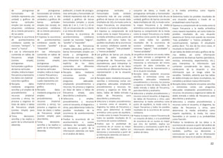 22
de pictogramas
horizontales (el
símbolo representa una
unidad) y gráficos de
barras verticales
simples (sin escala), en
situaciones cotidianas
de su interés personal o
de sus pares.
 • Expresa la ocurrencia
de acontecimientos
cotidianos usando las
nociones “siempre”, “a
veces” y “nunca”.
 • Lee la información
contenida en tablas de
frecuencia simple
(conteo simple),
pictogramas
horizontales y gráficos
de barras verticales
simples; indicala mayor
frecuencia yrepresenta
los datos con material
concreto o gráfico.
 Recopila datos
mediante preguntas
sencillas y el empleo de
procedimientos y
recursos (material
concreto y otros); los
procesa y organiza en
listas de datos o tablas
de frecuencia simple
(conteo simple) para
describirlos.
 Toma decisiones
sencillas y las explica a
partir de la información
obtenida.
de pictogramas
horizontales (el símbolo
representa una o dos
unidades) y gráficos de
barras verticales
simples (sin escala), en
situaciones cotidianas
de su interés personal o
de sus pares.
 • Expresa la ocurrencia
de acontecimientos
cotidianos usando las
nociones “posible” e
“imposible”.
 • Lee información
contenida en tablas de
frecuencia simple
(conteo simple),
pictogramas
horizontales y gráficos
de barras verticales
simples; indica la mayor
o menor frecuencia y
compara los datos, los
cuales representa con
material concreto y
gráfico.
 Recopila datos
mediante preguntas y el
empleo de
procedimientos y
recursos (material
concreto y otros); los
procesa y organiza en
listas de datos o tablas
de frecuencia simple
(conteo simple) para
describirlos.
 Toma decisiones
sencillas y las explica a
partir de la información
obtenida.
población, a través de pictogra-
mas verticales y horizontales (el
símbolo representa más de una
unidad) y gráficos de barras
horizontales (simples y escala
dada de 2 en 2, 5 en 5 y 10 en
10), en situaciones de su interés
o un tema de estudio.
 • Expresa la ocurrencia de
acontecimientos cotidianos
usando las nociones “seguro”,
“posible” e “imposible”.
 Lee tablas de frecuencias
simples (absolutas), gráficos de
barras horizontales simples con
escala y pictogramas de
frecuencias con equivalencias,
para interpretar la información
explícita de los datos
contenidos en diferentes
formas de representación.
 Recopila datos mediante
encuestas sencillas o
entrevistas cortas con
preguntas adecuadas
empleando procedimientos y
recursos; los procesa y organiza
en listas de datos o tablas de
frecuencia simple, para
describirlos y analizarlos.
 Selecciona y emplea
procedimientos y recursos
como el recuento, el diagrama u
otros, para determinar todos los
posibles resultados de la
ocurrencia de acontecimientos
cotidianos.
 Predice la ocurrencia de un
acontecimiento o suceso
cotidiano. Así también, explica
sus decisiones a partir de la
información obtenida con base
en el análisis de datos.
pictogramas verticales y
horizontales (cada símbolo
representa más de una unidad),
gráficos de barras con escala dada
(múltiplos de 10) y la moda como la
mayor frecuencia, en situaciones
de interés o un tema de estudio.
 • Expresa su comprensión de la
moda como la mayor frecuencia y
la media aritmética como punto de
equilibrio; así como todos los
posibles resultados de la ocurrencia
de sucesos cotidianos usando las
nociones “seguro”, “más probable”
y “menos probable”.
 Lee gráficos de barras con escala,
tablas de doble entrada y
pictogramas de frecuencias con
equivalencias, para interpretar la
información a partir de los datos
contenidos en diferentes formas de
representación y de la situación
estudiada.
 Recopila datos mediante encuestas
sencillas o entrevistas cortas con
preguntas adecuadas empleando
procedimientos y recursos; los
procesa y organiza en listas de
datos, tablas de doble entrada o
tablas de frecuencia, para
describirlos y analizarlos.
 Selecciona y emplea procedimientos
y recursos como el recuento, el
diagrama, las tablas de frecuencia u
otros, para determinar la media
aritmética como punto de equilibrio,
la moda como la mayor frecuencia y
todos los posibles resultados de la
ocurrencia de sucesos cotidianos.
 Predice que la posibilidad de
ocurrencia de un suceso es mayor
que otro. Así también, explica sus
decisiones y conclusiones a partir de
la información obtenida con base en
el análisis de datos.
conjunto de datos, a través de
pictogramas verticales y horizontales
(cada símbolo representa más deuna
unidad), gráficos de barras conescala
dada (múltiplos de 10), la moda como
la mayor frecuencia y la media
aritmética como punto de equilibrio.
 Expresa su comprensión de la moda
como la mayor frecuencia y la media
aritmética como punto de equilibrio;
así como todos los posibles
resultados de la ocurrencia de
sucesos cotidianos usando las
nociones “seguro”, “más probable” y
“menos probable”.
 Lee gráficos de barras con escala, tablas
de doble entrada y pictogramas de
frecuencias con equivalencias, para
interpretar la información del mismo
conjunto de datos contenidos en
diferentes formas de representación y
de la situación estudiada.
 Recopila datos mediante encuestas
sencillas o entrevistas cortas con
preguntas adecuadas empleando
procedimientos y recursos; los procesa
y organiza en listas de datos, tablas de
doble entrada o tablas de frecuencia,
para describirlos y analizarlos.
 Selecciona y emplea procedimientos y
recursos como el recuento, el diagrama,
las tablas de frecuencia u otros, para
determinar la media aritmética como
punto de equilibrio, la moda como la
mayor frecuencia y todos los posibles
resultados de la ocurrencia de sucesos
cotidianos.
 Predice la mayor o menor frecuencia de
un conjunto de datos, o si la posibilidad
de ocurrencia de un suceso es mayor
que otro. Así también, explica sus
decisiones y conclusiones a partir de la
información obtenida con base en el
análisis de datos.
y la media aritmética como reparto
equitativo.
 Determina todos los posibles resultados de
una situación aleatoria a través de su
probabilidad como fracción.
 Expresa su comprensión de la moda como la
mayor frecuencia y la media aritmética
como reparto equitativo; así como todoslos
posibles resultados de una situación
aleatoria en forma oral usando las nociones
“más probables” o “menos probables”, y
numéricamente. Ejemplo: El estudiante
podría decir: “En dos de los cinco casos, el
resultado es favorable: 2/5”.
 Lee tablas de doble entrada y gráficos de ba-
rras dobles, así como información
proveniente de diversas fuentes (periódicos,
revistas, entrevistas, experimentos, etc.),
para interpretar la información que
contienen considerando los datos, las
condiciones de la situación y otra
información que se tenga sobre las
variables. También, advierte que hay tablas
de doble entrada con datos incompletos, las
completa y produce nueva información.
 Recopila datos mediante encuestas sencillas
o entrevistas cortas con preguntas
adecuadas empleando procedimientos y
recursos; los procesa y organiza en tablas de
doble entrada o tablas de frecuencia, para
describirlos y analizarlos.
 Selecciona y emplea procedimientos y
recursos como el recuento, el diagrama, las
tablas de frecuencia u otros, para
determinar la media aritmética como
reparto equitativo, la moda, los casos
favorables a un suceso y su probabilidad
como fracción.
 Predice la tendencia de los datos o la
ocurrencia de sucesos a partir del análisis de
los resultados de una situación aleatoria. Así
también, justifica sus decisiones y
conclusiones a partir de la información
obtenida con base en el análisis de datos.
 