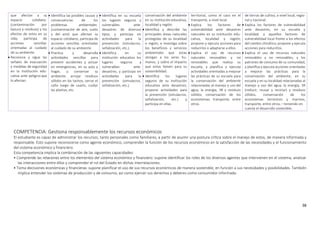 38
que afectan a su
espacio cotidiano
(contaminación por
basura y residuos) y los
efectos de estos en su
vida; participa de
acciones sencillas
orientadas al cuidado
de su ambiente.
 Reconoce y sigue las
señales de evacuación
y medidas de seguridad
en la institución edu-
cativa ante peligros que
lo afectan.
 Identifica las posibles causas y
consecuencias de los
problemas ambientales
(contaminación de aire, suelo
y del aire) que afectan su
espacio cotidiano; participa de
acciones sencillas orientadas
al cuidado de su ambiente.
 Practica y desarrolla
actividades sencillas para
prevenir accidentes y actuar
en emergencias, en su aula y
hogar, y conservar su
ambiente: arrojar residuos
sólidos en los tachos, cerrar el
caño luego de usarlo, cuidar
las plantas, etc.
 Identifica en su escuela
los lugares seguros y
vulnerables ante
desastres de diversos
tipos, y participa en
actividades para la
prevención (simulacros,
señalización, etc.).
 Identifica en su
institución educativa los
lugares seguros y
vulnerables ante
desastres, y participa en
actividades para la
prevención (simulacros,
señalización, etc.).
conservación del ambiente
en su institución educativa,
localidad y región.
 Identifica y describe las
principales áreas naturales
protegidas de su localidad
o región, e investiga sobre
los beneficios y servicios
ambientales que estas
otorgan a los seres hu-
manos, y sobre el impacto
que estos tienen para su
sostenibilidad.
 Identifica los lugares
seguros de su institución
educativa ante desastres;
propone actividades para
la prevención (simulacros,
señalización, etc.) y
participa en ellas.
territorial, como el caos en el
transporte, a nivel local.
 Explica los factores de
vulnerabilidad ante desastres
naturales en su institución edu-
cativa, localidad y región;
propone y ejecuta acciones para
reducirlos o adaptarse a ellos.
 Explica el uso de recursos
naturales renovables y no
renovables que realiza su
escuela, y planifica y ejecuta
actividades orientadas a mejorar
las prácticas de su escuela para
la conservación del ambiente
relacionadas al manejo y uso del
agua, la energía, 3R y residuos
sólidos, conservación de los
ecosistemas, transporte, entre
otros.
de tierras de cultivo, a nivel local, regio-
nal y nacional.
 Explica los factores de vulnerabilidad
ante desastres, en su escuela y
localidad, y aquellos factores de
vulnerabilidad local frente a los efectos
del cambio climático; propone y ejecuta
acciones para reducirlos.
 Explica el uso de recursos naturales
renovables y no renovables, y los
patrones de consumo de su comunidad,
y planifica y ejecuta acciones orientadas
a mejorar las prácticas para la
conservación del ambiente, en su
escuela y en su localidad relacionadas al
manejo y uso del agua, la energía, 3R
(reducir, reusar y reciclar) y residuos
sólidos, conservación de los
ecosistemas terrestres y marinos,
transporte, entre otros,—teniendo en
cuenta el desarrollo sostenible.
COMPETENCIA: Gestiona responsablemente los recursos económicos
El estudiante es capaz de administrar los recursos, tanto personales como familiares, a partir de asumir una postura crítica sobre el manejo de estos, de manera informada y
responsable. Esto supone reconocerse como agente económico, comprender la función de los recursos económicos en la satisfacción de las necesidades y el funcionamiento
del sistema económico y financiero.
Esta competencia implica la combinación de las siguientes capacidades:
• Comprende las relaciones entre los elementos del sistema económico y financiero: supone identificar los roles de los diversos agentes que intervienen en el sistema, analizar
las interacciones entre ellos y comprender el rol del Estado en dichas interrelaciones.
• Toma decisiones económicas y financieras: supone planificar el uso de sus recursos económicos de manera sostenible, en función a sus necesidades y posibilidades. También
implica entender los sistemas de producción y de consumo, así como ejercer sus derechos y deberes como consumidor informado.
 