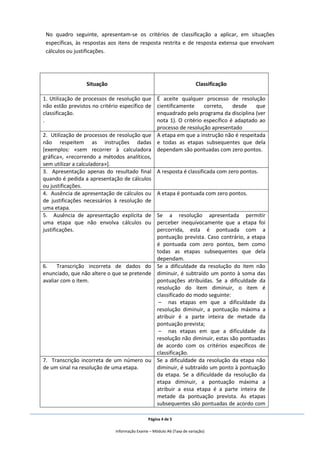 Página 4 de 5
Informação Exame – Módulo A6 (Taxa de variação)
No quadro seguinte, apresentam-se os critérios de classificação a aplicar, em situações
específicas, às respostas aos itens de resposta restrita e de resposta extensa que envolvam
cálculos ou justificações.
Situação Classificação
1. Utilização de processos de resolução que
não estão previstos no critério específico de
classificação.
.
É aceite qualquer processo de resolução
cientificamente correto, desde que
enquadrado pelo programa da disciplina (ver
nota 1). O critério específico é adaptado ao
processo de resolução apresentado
2. Utilização de processos de resolução que
não respeitem as instruções dadas
[exemplos: «sem recorrer à calculadora
gráfica», «recorrendo a métodos analíticos,
sem utilizar a calculadora»].
A etapa em que a instrução não é respeitada
e todas as etapas subsequentes que dela
dependam são pontuadas com zero pontos.
3. Apresentação apenas do resultado final
quando é pedida a apresentação de cálculos
ou justificações.
A resposta é classificada com zero pontos.
4. Ausência de apresentação de cálculos ou
de justificações necessários à resolução de
uma etapa.
A etapa é pontuada com zero pontos.
5. Ausência de apresentação explícita de
uma etapa que não envolva cálculos ou
justificações.
Se a resolução apresentada permitir
perceber inequivocamente que a etapa foi
percorrida, esta é pontuada com a
pontuação prevista. Caso contrário, a etapa
é pontuada com zero pontos, bem como
todas as etapas subsequentes que dela
dependam.
6. Transcrição incorreta de dados do
enunciado, que não altere o que se pretende
avaliar com o item.
Se a dificuldade da resolução do item não
diminuir, é subtraído um ponto à soma das
pontuações atribuídas. Se a dificuldade da
resolução do item diminuir, o item é
classificado do modo seguinte:
– nas etapas em que a dificuldade da
resolução diminuir, a pontuação máxima a
atribuir é a parte inteira de metade da
pontuação prevista;
– nas etapas em que a dificuldade da
resolução não diminuir, estas são pontuadas
de acordo com os critérios específicos de
classificação.
7. Transcrição incorreta de um número ou
de um sinal na resolução de uma etapa.
Se a dificuldade da resolução da etapa não
diminuir, é subtraído um ponto à pontuação
da etapa. Se a dificuldade da resolução da
etapa diminuir, a pontuação máxima a
atribuir a essa etapa é a parte inteira de
metade da pontuação prevista. As etapas
subsequentes são pontuadas de acordo com
 