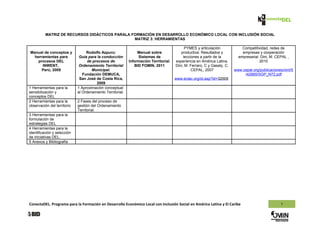 MATRIZ DE RECURSOS DIDÁCTICOS PARALA FORMACIÓN EN DESARROLLO ECONÓMICO LOCAL CON INCLUSIÓN SOCIAL
                                                MATRIZ 3: HERRAMIENTAS

                                                                                             PYMES y articulación             Competitividad, redes de
Manual de conceptos y             Rodolfo Azpuru:                Manual sobre             productiva. Resultados y            empresas y cooperación
  herramientas para           Guía para la conducción            Sistemas de                lecciones a partir de la        empresarial. Dini, M. CEPAL ,
    procesos DEL                   de procesos de           Información Territorial.   experiencia en América Latina.                   2010
      INWENT,                 Ordenamiento Territorial         BID FOMIN, 2011         Dini, M. Ferraro, C y Gasaly, C.
      Perú, 2009                     Municipal.                                                  CEPAL, 2007              www.cepal.org/publicaciones/xml/5
                                Fundación DEMUCA,                                                                              /42685/SGP_N72.pdf
                              San José de Costa Rica,                                  www.eclac.org/id.asp?id=32009
                                        2009
1 Herramientas para la       1 Aproximación conceptual
sensibilización y            al Ordenamiento Territorial.
conceptos DEL
2 Herramientas para la       2 Fases del proceso de
observación del territorio   gestión del Ordenamiento
                             Territorial.
3 Herramientas para la
formulación de
estrategias DEL
4 Herramientas para la
identificación y selección
de iniciativas DEL.
5 Anexos y Bibliografía




ConectaDEL. Programa para la Formación en Desarrollo Económico Local con Inclusión Social en América Latina y El Caribe                             7
 