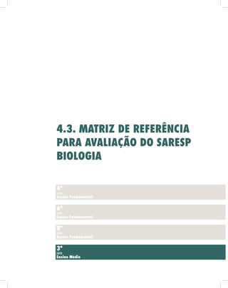 4.3. mAtriz de referênciA
pArA AvAliAção do sAresp
biologiA

4ª
série
ensino fundamental


6ª
série
ensino fundamental


8ª
série
ensino fundamental


3ª
série
ensino médio
 