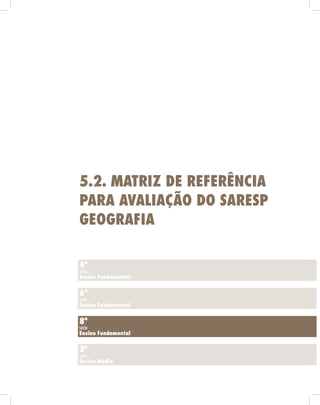 5.2. mAtriz de referênciA
pArA AvAliAção do sAresp
geogrAfiA

4ª
série
ensino fundamental


6ª
série
ensino fundamental


8ª
série
ensino fundamental


3ª
série
ensino médio
 