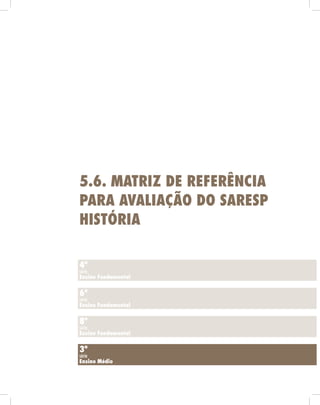 5.6. mAtriz de referênciA
pArA AvAliAção do sAresp
HistóriA

4ª
série
ensino fundamental


6ª
série
ensino fundamental


8ª
série
ensino fundamental


3ª
série
ensino médio
 
