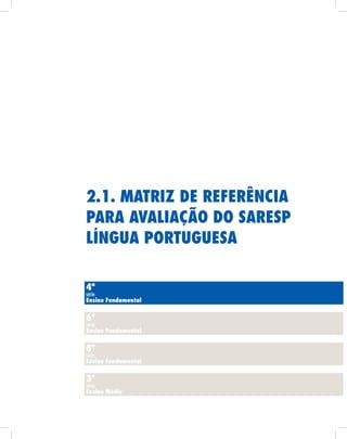 2.1. mAtriz de referênciA
pArA AvAliAção do sAresp
línguA portuguesA

4ª
série
ensino fundamental


6ª
série
ensino fundamental


8ª
série
ensino fundamental


3ª
série
ensino médio
 