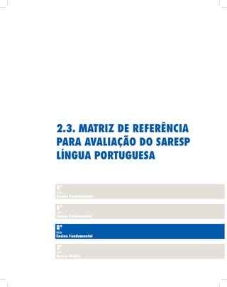 2.3. mAtriz de referênciA
pArA AvAliAção do sAresp
línguA portuguesA

4ª
série
ensino fundamental


6ª
série
ensino fundamental


8ª
série
ensino fundamental


3ª
série
ensino médio
 