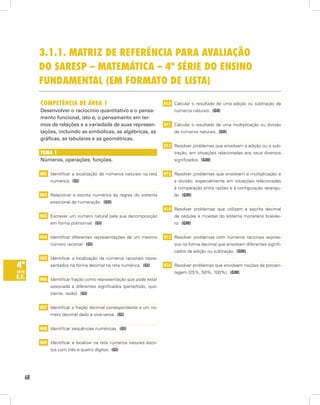 3.1.1. mAtriz de referênciA pArA AvAliAção
         do sAresp – mAtemáticA – 4ª série do ensino
         fundAmentAl (em formAto de listA)

         competênciA de áreA 1                                         H10 Calcular o resultado de uma adição ou subtração de
         Desenvolver o raciocínio quantitativo e o pensa-                  números naturais. (GII)
         mento funcional, isto é, o pensamento em ter-
         mos de relações e a variedade de suas represen-               H11 Calcular o resultado de uma multiplicação ou divisão
         tações, incluindo as simbólicas, as algébricas, as                de números naturais. (GII)
         gráficas, as tabulares e as geométricas.
                                                                       H12 Resolver problemas que envolvam a adição ou a sub-
         temA 1                                                            tração, em situações relacionadas aos seus diversos
         Números, operações, funções.                                      significados. (GIII)


         H01 Identificar a localização de números naturais na reta     H13 Resolver problemas que envolvam a multiplicação e
              numérica. (GI)                                               a divisão, especialmente em situações relacionadas
                                                                           à comparação entre razões e à configuração retangu-
         H02 Relacionar a escrita numérica às regras do sistema            lar. (GIII)
              posicional de numeração. (GII)
                                                                       H14 Resolver problemas que utilizam a escrita decimal
         H03 Escrever um número natural pela sua decomposição              de cédulas e moedas do sistema monetário brasilei-
              em forma polinomial. (GI)                                    ro. (GIII)


         H04 Identificar diferentes representações de um mesmo         H15 Resolver problemas com números racionais expres-
              número racional. (GI)                                        sos na forma decimal que envolvam diferentes signifi-
                                                                           cados da adição ou subtração. (GIII)
         H05 Identificar a localização de números racionais repre-
4ª            sentados na forma decimal na reta numérica. (GI)         H16 Resolver problemas que envolvam noções de porcen-
série                                                                      tagem (25%, 50%, 100%). (GIII)
e.f.     H06 Identificar fração como representação que pode estar
              associada a diferentes significados (parte/todo, quo-
              ciente, razão). (GI)


         H07 Identificar a fração decimal correspondente a um nú-
              mero decimal dado e vice-versa. (GI)


         H08 Identificar sequências numéricas. (GI)


         H09 Identificar e localizar na reta números naturais escri-
              tos com três e quatro dígitos. (GI)




    68
 