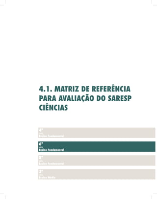 4.1. mAtriz de referênciA
pArA AvAliAção do sAresp
ciênciAs

4ª
série
ensino fundamental


6ª
série
ensino fundamental


8ª
série
ensino fundamental


3ª
série
ensino médio
 