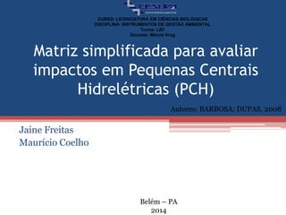 Matriz simplificada para avaliar
impactos em Pequenas Centrais
Hidrelétricas (PCH)
Jaine Freitas
Maurício Coelho
Autores: BARBOSA; DUPAS, 2008
CURSO: LICENCIATURA EM CIÊNCIAS BIOLÓGICAS
DISCIPLINA: INSTRUMENTOS DE GESTÃO AMBIENTAL
Turma: LB7
Docente: Márcia Krag
Belém – PA
2014
 