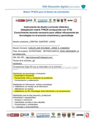 Matriz TPACK para el diseño de actividades
Instrumento de diseño curricular didáctico
(Adaptación matriz TPACK enriquecida con CTS)
Conocimiento docente necesario para utilizar eficazmente las
tecnologías en el proceso enseñanza y aprendizaje
Maestro estudiante:_CRISTINA QUINTERO LASSO
______________________________________________
Maestro formador: CARLOS JAIR ESCOBAR , JORGE E. CAMARGO
Título del proyecto: ESTRATEGIAS METODOLOGICAS_PARA ORGANIZAR LA
INFORMACION.________________________________
URL DEL PID: , http://vidanueva03.blogspot.com/_
Tiempo de la actividad: 30
SEMANAS________________________________________
Competencias Siglo XXI que se desarrollan con la actividad: Marque la habilidad o habilidad del
Siglo XXI que su proyecto potenciará en sus estudiantes, recuerde que debe ser coherente con los objetivos, competencias, actividades,
evaluación…
Habilidades de aprendizaje e innovación
Creatividad e innovación
Pensamiento crítico y resolución de problemas
Comunicación y colaboración
Habilidades en información, medios y tecnología
x Alfabetismo en manejo de la información
Alfabetismo en medios
Alfabetismo en TIC (Tecnología de la información y la comunicación)
Habilidades para la vida personal y profesional
xFlexibilidad y adaptabilidad
Iniciativa y autonomía
Habilidades sociales e inter-culturales
Productividad y confiabilidad
x Liderazgo y responsabilidad
 