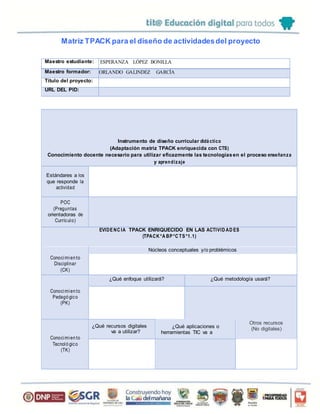 Matriz TPACK para el diseño de actividadesdel proyecto
Maestro estudiante: ESPERANZA LÓPEZ BONILLA
Maestro formador: ORLANDO GALINDEZ GARCÍA
Título del proyecto:
URL DEL PID:
Instrumento de diseño curricular didá ctico
(Adaptación matriz TPACK enriquecida con CTS)
Conocimiento docente necesario para utilizar eficazmente las tecnologíasen el proceso enseñanza
y aprendizaje
Estándares a los
que responde la
actividad
POC
(Preguntas
orientadoras de
Currículo)
EVIDENC IA TPACK ENRIQUECIDO EN LAS ACTIVID AD ES
(TPACK *A BP*C TS*1.1)
Conocimien to
Disciplinar
(CK)
Núcleos conceptuales y/o problémicos
Conocimien to
Pedagó gico
(PK)
¿Qué enfoque utilizará? ¿Qué metodología usará?
¿Qué recursos digitales
va a utilizar?
¿Qué aplicaciones o
herramientas TIC va a
utilizar?
Otros recursos
(No digitales)
Conocimien to
Tecnoló gico
(TK)
 