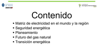 Contenido
▪ Matriz de electricidad en el mundo y la región
▪ Seguridad energética
▪ Planeamiento
▪ Futuro del gas natural
▪ Transición energética
 