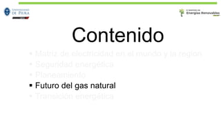 Contenido
▪ Matriz de electricidad en el mundo y la región
▪ Seguridad energética
▪ Planeamiento
▪ Futuro del gas natural
▪ Transición energética
 
