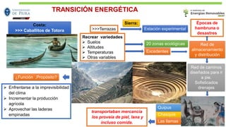 >>>Terrazas
Recrear variedades
➢ Suelos
➢ Altitudes
➢ Temperaturas
➢ Otras variables
Estación experimental
20 zonas ecológicas
Excedentes
Red de
almacenamiento
y distribución
Épocas de
hambruna o
desastres
Red de caminos
diseñados para ir
a pie.
Sofisticados
drenajes
Chasquis
Costa:
>>> Caballitos de Totora
¿Función ,Propósito?
➢ Enfrentarse a la imprevisibilidad
del clima
➢ Incrementar la producción
agrícola
➢ Aprovechar las laderas
empinadas
Las llamas
Quipus
transportaban mercancía
los proveía de piel, lana y
incluso comida.
Sierra:
TRANSICIÓN ENERGÉTICA
 