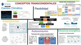 Cambio Climático
Adaptabilidad
Flexibilidad
Autoconsumo
Nuevas
tecnologías
Internet de las
cosas, como
una llave para la
transformación
de los sistemas
de potencia
Energías
Renovables
a los principales
sectores de la
industria
Las FERNC son fuentes no
Síncronas que impactan la inercia
del sistema y como consecuencia
la frecuencia
Las FERNC concentradas como en el caso del área
Caribe, generan
mayores requerimientos para el control de
tensión del sistema
Al ubicarse en redes débiles con
bajo nivel de corto circuito generan retos para
mantener la
estabilidad del SEIN
Debido a su variable e incertidumbre se debe
revisar el mercado de corto plazo (acercarse al
tiempo real).
Se espera que los costos variables bajos de las
FERNC. Disminuyan los precios promedio de la
energía
Son fuertes variables que debido
a su recurso primario ocasionan
incertidumbre entre la generación
despachada y la requerida en
tiempo real
INERCIA
BALANCE CARGA –
GENERACION
MERCADO REDES DEBILES
TENSIONES DEL
SISTEMA
- Equilibrio de balance demanda – oferta, o la habilidad
para hacer corresponder el suministro con la demanda.
- Inercia de la red (Carga residual) que limita las
variaciones de frecuencia durante los cambios
repentinos.
- Control de voltaje
- Gestión de la demanda
- Almacenamiento de energía (CCHH de Bombeo, BESS,
etc)
- Fuentes de generación de combustibles fósiles más
eficientes, que se combinan con centrales eléctricas a
GN de CC.
- Embalses de regulación diario o semanal de CCHH..
VS
Proveedores de
flexibilidadtradicionales
proveedores de
flexibilidad
emergentes
Eficiencia energética
“Usuarios de energía empoderados”
Esta expresión refleja
un contenido muy
eficaz para con la
importancia de las
decisiones del actor
principal que decidirá
la gestión de la
demanda, el
USUARIO.
Proyectos para Autoconsumo la gestión de la demanda es
la planificación e
implementación de medidas
destinadas a influir en el modo
de consumir energía con el fin
de modificar el perfil de
consumo. Con ellas se
contribuye a una gestión más
eficiente y sostenible del
sistema eléctrico. Estas
medidas se clasifican en 4
grupos según su impacto en la
curva de demanda.
Gestión de la Demanda
MAPA PRO FLEXIBILIDAD
CONCEPTOS TRANSCENDENTALES
 