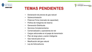 TEMAS PENDIENTES
• Declaración de precios de gas natural
• Sobrecontratación
• Potencia Firme (mercado de capacidad)
• Política de márgenes de reserva
• Generación Distribuida
• Servicios Complementarios
• Comercializador y operadores de red
• Cargos adicionales en el peaje de transmisión
• Plan de largo plazo y sector inteligente
• Gas natural para el sur
• Masificación del gas natural
• Ley de hidrocarburos
 