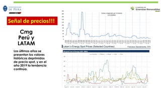 Los últimos años se
presentan los valores
históricos deprimidos
de precio spot, y en el
año 2019 la tendencia
continúa.
Cmg
Perú y
LATAM
Señal de precios!!!
 