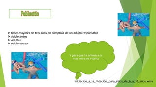  Niños mayores de tres años en compañía de un adulto responsable
 Adolecentes
 Adultos
 Adulto mayor
Y para que te animes a u
mas mira es videíto
Iniciacion_a_la_Natación_para_niños_de_6_a_10_años.wmv
 