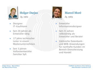 Holger Darjus

Marcel Moré

Jg. 1962

Jg. 1969

•

Designer
IT-Kaufmann

•

Entwickler
Informationsdesigner

•

Seit 20 Ja...