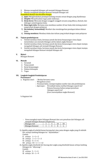 2. Mampu mengubah bilangan asli menjadi bilangan Romawi
3. Mampu mengubah bilangan Romawi menjadi bilangan asli
Pendidikan Budaya dan Karakter Bangsa
1) Jujur: Mengemukakan pendapat tentang sesuatu sesuai dengan yang diyakininya
2) Disiplin: Menyelesaikan tugas pada waktunya.
3) Kerja keras: Mencatat dengan sungguh-sungguh sesuatu yang dibaca, diamati, dan
didengar untuk kegiatan kelas
4) Rasa ingin tahu: Bertanya atau membaca sumber di luar buku teks tentang materi
yang terkait dengan pelajaran
5) Bersahabat/ komunikatif: Memberi dan mendengarkan pendapat dalam diskusi
kelas.
6) Senang membaca: Membaca buku dan tulisan yang terkait dengan mata pelajaran
IV.

Tujuan pembelajaran
1. Setelah membaca buku, bertanya jawab dan kerja berpasangan siswa dapat
menentukan cara menulis bilangan asli ke dalam angka Romawi
2. Setelah membaca buku, bertanya jawab dan kerja berpasangan siswa dapat mampu
mengubah bilangan asli menjadi bilangan Romawi
3. Setelah membaca buku, bertanya jawab dan kerja berpasangan siswa dapat mampu
mengubah bilangan Romawi menjadi bilangan asli

V.

Materi
Bilangan Romawi

VI.

Metode
1. Ceramah
2. Tanya jawab
3. Kerja berpasangan
4. Diskusi kelompok
5. Tugas

VII.

Langkah-langkah Pembelajaran
Pertemuan I
a. Kegiatan awal : - Berdoa bersama-sama
- Mengabsen siswa
- Penataan kelas, mempersiapkan sumber dan alat pembelajaran
- Apersepsi : Pernahkah kalian melihat bilangan seperti ini?
Dimana biasanya kalian jumpai penulisan
bilangan seperti ini?
(Guru menunjukkan angka Romawi)
b. Kegiatan Inti

- Siswa mengkaji materi bilangan Romawi dan cara penulisan dari bilangan asli
menjadi bilangan Romawi (eksplorasi)
Bilangan Asli
1
5
10
50
Bilangan Romawi
I
V
X
L
1). Apabila angka di sebelah kanan kurang dari atau sama dengan angka yang di sebelah
kiri, artinya lambing bilangan itu “ dijumlahkan “
Contoh :
II artinya 1 + 1 = 2
III artinya 1 + 1 + 1 = 3
VI artinya 5 + 1 = 6
XII artinya 10 + 1 + 1 = 12
2). Apabila angka disebelah kiri kurang dari angka yang disebelah kanan artinya lambing
bilangan itu “ dikurangi “.
Contoh :
IV artinya 5 – 1 = 4
IX artinya 10 – 1 = 9
RPP Matematika Kelas IV smtr 2, Sus 2011/2012

 
