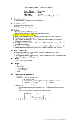 RENCANA PELAKSANAAN PEMBELAJARAN 2
Mata pelajaran
Kelas / Semester
Pertemuan
Alokasi Waktu

: Matematika
: IV / II
: 3, 4, 5, 6
: 10 jam pelajaran ( 4 x pertemuan )

I.

Standar Kompetensi
5. Menjumlahkan dan mengurangkan bilangan bulat

II.

Kompetensi Dasar
5.3 Mengurangkan bilangan bulat
5.4 Melakukan operasi hitung campuran

III. Indikator
- Mampu mengurangkan bilangan bulat
- Mampu melakukan operasi hitung campuran bilangan bulat
Pendidikan Budaya dan Karakter Bangsa
1. Jujur: Mengemukakan pendapat tentang sesuatu sesuai dengan yang diyakininya
2. Disiplin: Menyelesaikan tugas pada waktunya.
3. Kerja keras: Mencatat dengan sungguh-sungguh sesuatu yang dibaca, diamati, dan
didengar untuk kegiatan kelas
4. Rasa ingin tahu: Bertanya atau membaca sumber di luar buku teks tentang materi yang
terkait dengan pelajaran
5. Bersahabat/ komunikatif: Memberi dan mendengarkan pendapat dalam diskusi kelas.
6. Senang membaca: Membaca buku dan tulisan yang terkait dengan mata pelajaran
IV. Tujuan pembelajaran
1. Setelah membaca buku, bertanya jawab dan kerja berpasangan siswa dapat
mengurangkan bilangan bulat
2. Setelah membaca buku, bertanya jawab dan kerja berpasangan siswa dapat melakukan
operasi hitung campuran bilangan bulat
V.
Materi
Operasi Hitung Bilangan Bulat
VI.

Metode
1. Ceramah
2. Tanya jawab
3. Kerja berpasangan
4. Diskusi kelompok
5. Tugas

VII.

Langlah-langkah Pembelajaran
Pertemuan I
a. Orientasi : - Berdoa bersama-sama
a. Mengabsen siswa
b.Penataan kelas, mempersiapkan sumber dan alat pembelajaran
c. Apersepsi : 6 + ( - 7 ) = n
16 + ( - 8 ) = n
- 9 + ( -3 ) = n
-11 + 13 = n
b. Kegiatan Inti
1. Peserta didik mendengarkan penjelasan guru tentang operasi hitung bilangan
bulat
Tentukan nilai n dengan menggunakan diagram panah !
6–9=n
n
9
6
. . . . . . . .
- 7 - 6 - 5 - 4 -3 -2 -1 0

.
1

. . .
2 3 4

.
5

.
6

.
7

RPP Matematika Kelas IV smtr 2, Sus 2011/2012

 