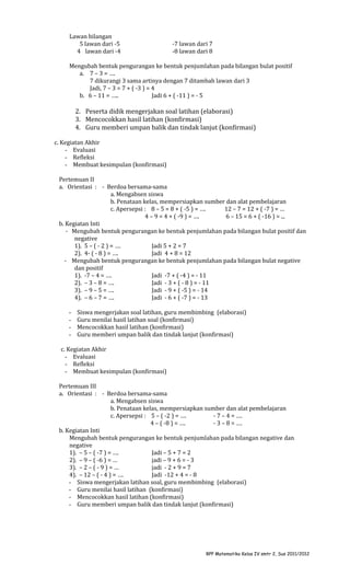 Lawan bilangan
5 lawan dari -5
4 lawan dari -4

-7 lawan dari 7
-8 lawan dari 8

Mengubah bentuk pengurangan ke bentuk penjumlahan pada bilangan bulat positif
a. 7 – 3 = ….
7 dikurangi 3 sama artinya dengan 7 ditambah lawan dari 3
Jadi, 7 – 3 = 7 + ( -3 ) = 4
b. 6 – 11 = …..
Jadi 6 + ( -11 ) = - 5

2. Peserta didik mengerjakan soal latihan (elaborasi)
3. Mencocokkan hasil latihan (konfirmasi)
4. Guru memberi umpan balik dan tindak lanjut (konfirmasi)
c. Kegiatan Akhir
- Evaluasi
- Refleksi
- Membuat kesimpulan (konfirmasi)
Pertemuan II
a. Orientasi : - Berdoa bersama-sama
a. Mengabsen siswa
b. Penataan kelas, mempersiapkan sumber dan alat pembelajaran
c. Apersepsi : 8 – 5 = 8 + ( -5 ) = ….
12 – 7 = 12 + ( -7 ) = …
4 – 9 = 4 + ( -9 ) = ….
6 – 15 = 6 + ( -16 ) = ...
b. Kegiatan Inti
- Mengubah bentuk pengurangan ke bentuk penjumlahan pada bilangan bulat positif dan
negative
1). 5 – ( - 2 ) = ….
Jadi 5 + 2 = 7
2). 4- ( - 8 ) = ….
Jadi 4 + 8 = 12
- Mengubah bentuk pengurangan ke bentuk penjumlahan pada bilangan bulat negative
dan positif
1). -7 – 4 = ….
Jadi -7 + ( -4 ) = - 11
2). – 3 – 8 = ….
Jadi - 3 + ( - 8 ) = - 11
3). – 9 – 5 = ….
Jadi - 9 + ( -5 ) = - 14
4). – 6 – 7 = ….
Jadi - 6 + ( -7 ) = - 13
-

Siswa mengerjakan soal latihan, guru membimbing (elaborasi)
Guru menilai hasil latihan soal (konfirmasi)
Mencocokkan hasil latihan (konfirmasi)
Guru memberi umpan balik dan tindak lanjut (konfirmasi)

c. Kegiatan Akhir
- Evaluasi
- Refleksi
- Membuat kesimpulan (konfirmasi)
Pertemuan III
a. Orientasi : - Berdoa bersama-sama
a. Mengabsen siswa
b. Penataan kelas, mempersiapkan sumber dan alat pembelajaran
c. Apersepsi : 5 – ( -2 ) = ….
- 7 – 4 = ….
4 – ( -8 ) = ….
- 3 – 8 = ….
b. Kegiatan Inti
Mengubah bentuk pengurangan ke bentuk penjumlahan pada bilangan negative dan
negative
1). – 5 – ( -7 ) = ….
Jadi – 5 + 7 = 2
2). – 9 – ( -6 ) = …
jadi – 9 + 6 = - 3
3). – 2 – ( - 9 ) = …
jadi - 2 + 9 = 7
4). – 12 – ( - 4 ) = ….
Jadi -12 + 4 = - 8
- Siswa mengerjakan latihan soal, guru membimbing (elaborasi)
- Guru menilai hasil latihan (konfirmasi)
- Mencocokkan hasil latihan (konfirmasi)
- Guru memberi umpan balik dan tindak lanjut (konfirmasi)

RPP Matematika Kelas IV smtr 2, Sus 2011/2012

 