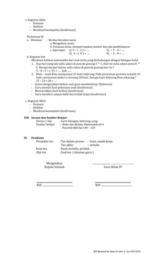 c. Kegiatan Akhir
- Evaluasi
- Refleksi
- Membuat kesimpulan (konfirmasi)
Pertemuan IV
a. Orientasi : - Berdoa bersama-sama
a. Mengabsen siswa
b. Penataan kelas, mempersiapkan sumber dan alat pembelajaran
c. Apersepsi : 1). 5 – ( - 2 ) = ….
3). – 7 – 4 = ….
2). 4 – ( -8 ) = ….
4). – 3 – 8 = ….
b. Kegiatan Inti
Membuat kalimat matematika dari soal cerita yang berhubungan dengan bilangan bulat
1. Dua hari yang lalu suhu udara di puncak gunung 5 0 C. Hari ini suhu udara turun 8 0
C. Berapa derajat Celcius suhu udara di puncak gunung hari ini ?
5 – 8 = 5 + ( -8 ) = …. Jadi ,…..
2. Mula – mula Rino mempunyai 37 butir kelereng. Pada permainan pertama ia kalah 23
butir, permainan kedua ia menang 28 butir. Berapa butir kelereng Rino sekarang ?
37 – 23 + 28 = ….
- Siswa mengerjakan latihan soal, guru membimbing (Elaborasi)
- Guru menilai hasil pekerjaan anak (konfirmasi)
- Mencocokkan hasil latihan (konfirmasi)
- Guru memberi umpan balik dan tindak lanjut (konfirmasi)
c. Kegiatan Akhir
- Evaluasi
- Refleksi
- Membuat kesimpulan (konfirmasi)
VIII. Sarana dan Sumber Belajar
Sarana / alat
: Garis bilangan, kelereng, uang
Sumber belajar
: - Buku Ayo Belajar Matematika kl 4
Penerbit BSE hal 149 – 159
IX.

Penilaian

Prosedur tes
Jenis tes
Alat tes

: Tes dalam proses : lisan, unjuk kerja
Tes akhir
: tertulis
: lisan, tertulis, produk
: Soal tes ( disusun guru )

Mengetahui,
Kepala Sekolah

..........................., ………………………..
Guru Kelas IV

........................................................
NIP. ...............................................

........................................................
NIP. ...............................................

RPP Matematika Kelas IV smtr 2, Sus 2011/2012

 