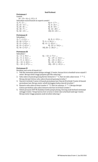 Soal Evaluasi
Pertemuan I
Contoh:
16 – 13 = 16 + ( -13 ) = 3
Selesaikan soal di bawah ini seperti contoh !
1). 9 – 2 = ….
6). 4 – 1 7 = ….
2). 15 – 11 = ….
7). 6 – 21 = ….
3). 25 – 8 = ….
8). 8 – 19 = ….
4). 18 – 7 = ….
9). 12 – 20 = ….
5). 42 – 13 = ….
10). 14 – 23 = ….
Pertemuan II
Selesaikan !
1). 7 – ( -2 ) = ….
2). 10 – ( -5 ) = ….
3). 17 – ( -8 ) = ….
4). 15 – ( -12 ) = ….
5). 16 – ( -3 ) = ….

6). 8 – ( - 13 ) = ….
7). 4 – ( -16 ) = ….
8). 11 – ( - 22 ) = ….
9). 13 – ( - 14 ) = ….
10). 26 – ( - 26 ) = ….

Pertemuan III
Selesaikan !
1). – 3 – ( - 8 ) = ….
2). – 5 – ( - 6 ) = ….
3). – 9 – ( - 12 ) = ….
4). – 14 – ( -16 ) = ….
5). – 10 – ( -17 ) = ….

6). – 13 – ( - 7 ) = ….
7). – 27 – ( - 11 ) = ….
8). – 23 – ( - 8 ) = ….
9). – 33 – ( - 18 ) = ….
10). – 29 – ( - 21 ) = ….

Pertemuan IV
Kerjakan soal cerita di bawah ini !
1. Pak Eko memanjat pohon kelapa setinggi 12 meter, karena licin ia kembali turun sejauh 5
meter. Berapa meter tinggi panjatan pak Eko sekarang ?
2. Suhu udara di puncak gunung Kerinci kemarin 6 0 C. Hari ini suhu udara turun 7 0 C.
Berapa derajat Celcius suhu udara di puncak gunung tersebut ?
3. Daerah A terletak 5 meter di bawah permukaan laut. Daerah B terletak 9 meter di bawah
permukaan laut. Berapa meter selisih ketinggian kedua daerah tersebut ?
4. Kemarin suhu udara di kota London 4 0 C. Hari ini suhunya -3 0 C. Berapa derajat
Celsius perubahan suhu udara kemarin dan hari ini di kota London ?
5. Dalam perayaan HUT RI diadakan lomba panjat pinang. Seorang anak berhasil memanjat
setinggi 6 meter. Tetapi karena licin ia turun 2 meter dan ia berhasil naik lagi 3 meter.
Berapa meter tinggi panjatan anak tersebut sekarang ?

RPP Matematika Kelas IV smtr 2, Sus 2011/2012

 