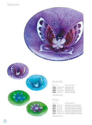 Tableware




                 Butterfly
                 Art.nr   Ø                 Benämning/Article
                 55963    170 mm (6 1/2”)   Skål, blå/bowl, blue
                 55964    230 mm (9”)       Skål, blå/bowl, blue
                 55965    170 mm (6 1/2”)   Skål, lila/bowl, purple
                 55966    230 mm (9”)       Skål, lila /bowl, purple

                 Design Mats Jonasson



                 Flora
                 Art.nr   Ø                 Benämning/Article
                 55929    170 mm (7”)       Skål, blå blomma/bowl, blue flower
                 55930    205 mm (8”)       Skål, blå blomma/bowl, blue flower
                 55931    170 mm (7”)       Skål, lila blomma/bowl, purple flower
                 55932    205 mm (8”)       Skål, lila blomma/bowl, purple flower
                 77910    320 mm (12 ½”)    Fat, blå blomma/platter, blue flower
                 77911    320 mm (12 ½”)    Fat, lila blomma/platter, purple flower

                 Design Mats Jonasson



60
 