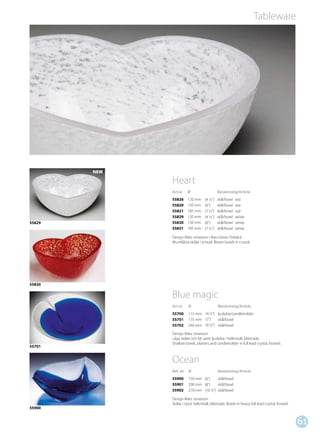 Tableware




        NEW

              Heart
              Art.nr    Ø                    Benämning/Article
              55826     120 mm      (4 ½”)   skål/bowl   red
              55820     150 mm      (6”)     skål/bowl   red
              55821     185 mm      (7 ½”)   skål/bowl   red
              55829     120 mm      (4 ½”)   skål/bowl   white
55829         55830     150 mm      (6”)     skål/bowl   white
              55831     185 mm      (7 ½”)   skål/bowl   white

              Design Mats Jonasson • Klas-Göran Tinbäck
              Munblåsta skålar i kristall. Blown bowls in crystal.




55820

              Blue magic
              Art.nr     Ø                   Benämning/Article
              55700      115 mm (4 ½”) ljuslykta/candleholder
              55701      175 mm (7”)   skål/bowl
              55702      240 mm (9 ½”) skål/bowl

              Design Mats Jonasson
              Låga skålar och fat samt ljuslykta i helkristall, blästrade.
              Shallow bowls, platters and candleholder in full lead crystal, frosted.
55701


              Ocean
              Art. nr    Ø                   Benämning/Article
              55900      150 mm (6”)    skål/bowl
              55901      200 mm (8”)    skål/bowl
              55902      270 mm (10 ½”) skål/bowl

              Design Mats Jonasson
              Skålar i tjock helkristall, blästrade. Bowls in heavy full lead crystal, frosted.
55900


                                                                                                  61
 