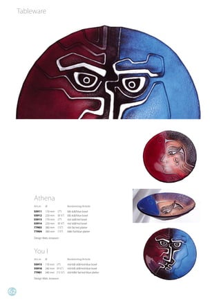 Tableware




          Athena
          Art.nr   Ø                  Benämning/Article
          55911    170 mm    (7”)     blå skål/blue bowl
          55912    220 mm    (8 ½”)   blå skål/blue bowl
          55913    170 mm    (7”)     röd skål/red bowl
          55914    220 mm    (8 ½”)   röd skål/red bowl
          77903    380 mm    (15”)    rött fat/red platter
          77904    380 mm    (15”)    blått fat/blue platter

          Design Mats Jonasson




          You I
          Art.nr   Ø                  Benämning/Article
          55915    170 mm (7”)        röd-blå skål/red-blue bowl
          55916    240 mm (9 ½” )     röd-blå skål/red-blue bowl
          77901    340 mm (13 ½”)     röd-blått fat/red-blue platter

          Design Mats Jonasson




62
 