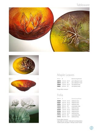 Tableware




Maple Leaves
Art.nr    Ø                    Benämning/Article
55918     170 mm     (6 ½”)    grön skål/green bowl
55919     230 mm     (9”)      grön skål/green bowl
55920     170 mm     (6 ½”)    röd skål/red bowl
55921     230 mm     (9”)      röd skål/red bowl

Design Mats Jonasson




Folia
Art. nr   Ø                    Benämning/Article
55236     110 mm     (4 ½”)    skål/bowl clear
55237     160 mm     (6 ½”)    skål/bowl clear
55235     210 mm     (8 ½”)    skål/bowl clear
77212     200 mm     (8”)      assiett/plate clear
77213     300 mm     (12”)     skål/bowl clear
55735     110 mm     (4 ½”)    skål/bowl blue
55736     160 mm     (6 ½”)    skål/bowl blue
55737     210 mm     (8 ½”)    skål/bowl blue
77712     200 mm     (8”)      assiett/plate blue
77713     300 mm     (12”)     skål/bowl blue

Design Mats Jonasson
Låga skålar och assiett i helkristall med blästerdekor.
Shallow bowls and plate in full lead crystal. Frosted.



                                                          63
 