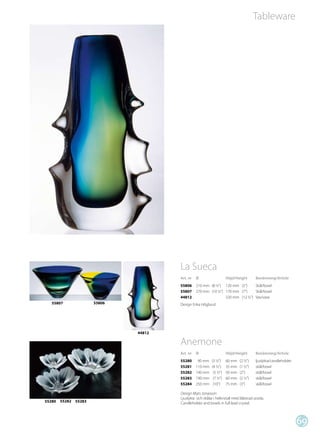 Tableware




                                      La Sueca
                                      Art. nr   Ø                   Höjd/Height        Benämning/Article
                                      55806     210 mm (8 ½”) 120 mm (5”)     Skål/bowl
                                      55807     270 mm (10 ½”) 170 mm (7”)    Skål/bowl
                                      44812                    320 mm (12 ½”) Vas/vase
   55807              55806           Design Erika Höglund




                              44812

                                      Anemone
                                      Art. nr   Ø                   Höjd/Height        Benämning/Article
                                      55280      90 mm    (3 ½”)    60 mm    (2 ½”)    ljuslykta/candleholder
                                      55281     110 mm    (4 ½”)    35 mm    (1 ½”)    skål/bowl
                                      55282     140 mm     (5 ½”)   50 mm    (2”)      skål/bowl
                                      55283     190 mm     (7 ½”)   60 mm    (2 ½”)    skål/bowl
                                      55284     250 mm     (10”)    75 mm    (3”)      skål/bowl

                                      Design Mats Jonasson
                                      Ljuslykta och skålar i helkristall med blästrad utsida.
55280   55282 55283                   Candleholder and bowls in full lead crystal.



                                                                                                                69
 