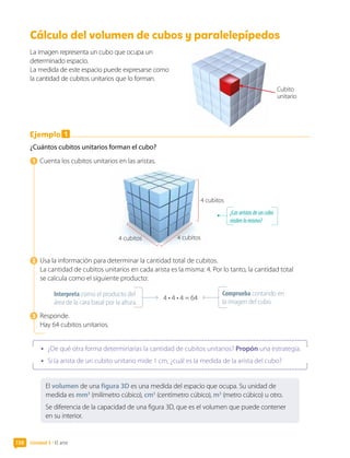 Unidad 3 • El arte
158
Cálculo del volumen de cubos y paralelepípedos	
La imagen representa un cubo que ocupa un
determinado espacio.
La medida de este espacio puede expresarse como
la cantidad de cubitos unitarios que lo forman.
Ejemplo 1
¿Cuántos cubitos unitarios forman el cubo?
1  Cuenta los cubitos unitarios en las aristas.
4 cubitos
4 cubitos
4 cubitos
2  Usa la información para determinar la cantidad total de cubitos.
La cantidad de cubitos unitarios en cada arista es la misma: 4. Por lo tanto, la cantidad total
se calcula como el siguiente producto:
Comprueba contando en
la imagen del cubo.
Interpreta como el producto del
área de la cara basal por la altura.
4 • 4 • 4 = 64
3  Responde.
Hay 64 cubitos unitarios.
•	 ¿De qué otra forma determinarías la cantidad de cubitos unitarios? Propón una estrategia.
•	 Si la arista de un cubito unitario mide 1 cm, ¿cuál es la medida de la arista del cubo?
El volumen de una figura 3D es una medida del espacio que ocupa. Su unidad de
medida es mm3
(milímetro cúbico), cm3
(centímetro cúbico), m3
(metro cúbico) u otro.
Se diferencia de la capacidad de una figura 3D, que es el volumen que puede contener
en su interior.
¿Lasaristasdeuncubo
midenlomismo?
Cubito
unitario
 
