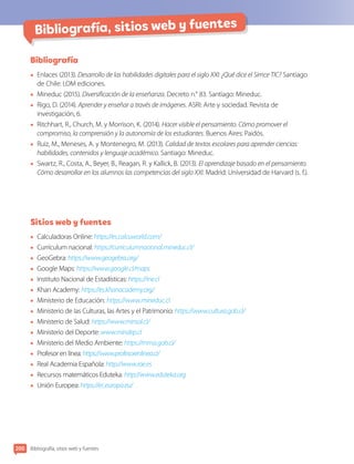 Bibliografía, sitios web y fuentes
Bibliografía
•	 Enlaces (2013). Desarrollo de las habilidades digitales para el siglo XXI: ¿Qué dice el Simce TIC? Santiago
de Chile: LOM ediciones.
•	 Mineduc (2015). Diversificación de la enseñanza. Decreto n.° 83. Santiago: Mineduc.
•	 Rigo, D. (2014). Aprender y enseñar a través de imágenes. ASRI: Arte y sociedad. Revista de
investigación, 6.
•	 Ritchhart, R., Church, M. y Morrison, K. (2014). Hacer visible el pensamiento. Cómo promover el
compromiso, la comprensión y la autonomía de los estudiantes. Buenos Aires: Paidós.
•	 Ruiz, M., Meneses, A. y Montenegro, M. (2013). Calidad de textos escolares para aprender ciencias:
habilidades, contenidos y lenguaje académico. Santiago: Mineduc.
•	 Swartz, R., Costa, A., Beyer, B., Reagan, R. y Kallick, B. (2013). El aprendizaje basado en el pensamiento.
Cómo desarrollar en los alumnos las competencias del siglo XXI. Madrid: Universidad de Harvard (s. f.).
Sitios web y fuentes
•	 Calculadoras Online: https://es.calcuworld.com/
•	 Currículum nacional: https://curriculumnacional.mineduc.cl/
•	 GeoGebra: https://www.geogebra.org/
•	 Google Maps: https://www.google.cl/maps
•	 Instituto Nacional de Estadísticas: https://ine.cl
•	 Khan Academy: https://es.khanacademy.org/
	
	
•	 Ministerio de Educación: https://www.mineduc.cl
•	 Ministerio de las Culturas, las Artes y el Patrimonio: https://www.cultura.gob.cl/
•	 Ministerio de Salud: https://www.minsal.cl/
•	 Ministerio del Deporte: www.mindep.cl
•	 Ministerio del Medio Ambiente: https://mma.gob.cl/
•	 Profesor en línea: https://www.profesorenlinea.cl/
•	 Real Academia Española: http://www.rae.es
•	 Recursos matemáticos Eduteka: http://www.eduteka.org
•	 Unión Europea: https://ec.europa.eu/
200 Bibliografía, sitios web y fuentes
 
