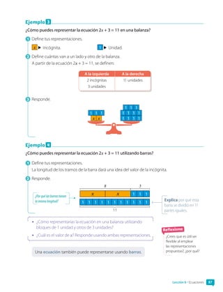 Lección 6 • Ecuaciones 87
Ejemplo 3
¿Cómo puedes representar la ecuación 2x + 3 = 11 en una balanza?
1  Define tus representaciones.
x Incógnita.	 1 Unidad.
2  Define cuántas van a un lado y otro de la balanza.
A partir de la ecuación 2x + 3 = 11, se definen:
A la izquierda A la derecha
2 incógnitas
3 unidades
11 unidades
3  Responde.
1 1 1
x x
1 1 1
1 1 1 1
1 1 1 1
Ejemplo 4
¿Cómo puedes representar la ecuación 2x + 3 = 11 utilizando barras?
1  Define tus representaciones.
La longitud de los tramos de la barra dará una idea del valor de la incógnita.
2  Responde.
1 1
x 1
1 1 1 1 1 1 1 1 1 1 1
x
8 3
11
•	 ¿Cómo representarías la ecuación en una balanza utilizando
bloques de 1 unidad y otros de 3 unidades?
•	 ¿Cuál es el valor de x? Responde usando ambas representaciones.
Una ecuación también puede representarse usando barras.
Reflexiona
¿Crees que es útil ser
flexible al emplear
las representaciones
propuestas?, ¿por qué?
Explica por qué esta
barra se dividió en 11
partes iguales.
¿Porquélasbarrastienen
lamismalongitud?
 