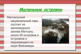Маленькие островки
Матсалуский
национальный парк
состоит из
мелководного
залива Матсалу,
около 50 островов и
островков и
окружающего их
моря Вяйнамери.
 