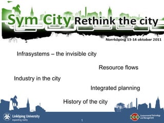 Infrasystems – the invisible city

                                      Resource flows
Industry in the city
                                  Integrated planning

                       History of the city


                              1
 