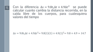 Con la diferencia ∆𝑠 = 9.8𝑡𝑖∆𝑡 + 4.9∆𝑡2
se puede
calcular cuanto cambia la distancia recorrida, en la
caída libre de los cuerpos, para cualesquiera
valores del tiempo
∆𝑠 = 9.8𝑡𝑖∆𝑡 + 4.9∆𝑡2= 9.8 1 1 + 4.9(1)2= 9.8 + 4.9 = 14.7
 