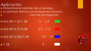 Aplicación
 Determinar el volumen de un envase.
 Su perfil está definido por las siguientes funciones :
 intervalo de integración
 sin(.2X+1.3)+1.58 0 - 2.5
 sin(.4X+2.7)+3.08 2.5 - 7.5
 sin(.3X+5.32)+1.49 7.5 - 15
 1.18 ?
 
