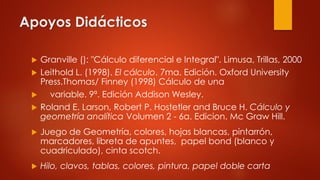 Apoyos Didácticos
 Granville (): "Cálculo diferencial e Integral". Limusa, Trillas, 2000
 Leithold L. (1998). El cálculo. 7ma. Edición. Oxford University
Press.Thomas/ Finney (1998) Cálculo de una
 variable. 9ª. Edición Addison Wesley.
 Roland E. Larson, Robert P. Hostetler and Bruce H. Cálculo y
geometría analítica Volumen 2 - 6a. Edicion. Mc Graw Hill.
 Juego de Geometría, colores, hojas blancas, pintarrón,
marcadores, libreta de apuntes, papel bond (blanco y
cuadriculado), cinta scotch.
 Hilo, clavos, tablas, colores, pintura, papel doble carta
 