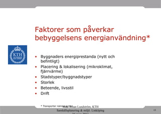 Faktorer som påverkar
bebyggelsens energianvändning*

• Byggnaders energiprestanda (nytt och
  befintligt)
• Placering & lokalisering (mikroklimat,
  fjärrvärme)
• Stadstyper/byggnadstyper
• Storlek
• Beteende, livsstil
• Drift


  * Transporter nämns ej här
                   Mats Johan Lundström, KTH
              Samhällsplanering & miljö. Linköping   15
 