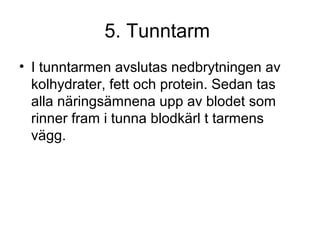 5. Tunntarm 
• I tunntarmen avslutas nedbrytningen av 
kolhydrater, fett och protein. Sedan tas 
alla näringsämnena upp av blodet som 
rinner fram i tunna blodkärl t tarmens 
vägg. 
 