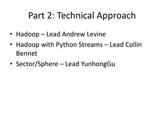 Focus of OCC Large Data Cloud Working Group8AppAppAppAppAppTable-based Data ServicesRelational-like Data ServicesAppAppCloud Compute Services (MapReduce, UDF, & other programming frameworks)AppAppCloud Storage ServicesDeveloping APIs for this framework.