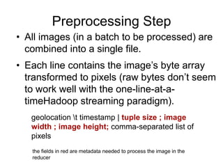 Image Processing in the Cloud - ReducerReducer Key Input: Bounding Box(minx = -45.0 miny = -2.8125 maxx = -43.59375 maxy = -2.109375)Reducer Value Input:……Step 1: Input to ReducerResult is a delta of the two ImagesAssemble Images based on timestamps and compareStep 2: Process difference in ReducerAll images go to different map layers set of images for display in WMSTimestamp 1SetTimestamp 2SetDelta SetStep 3: Reducer Output