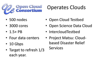 Operates Clouds500 nodes3000 cores1.5+ PBFour data centers10 GbpsTarget to refresh 1/3 each year.Open Cloud Testbed