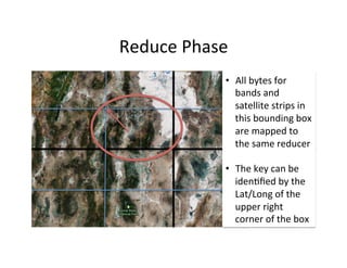 Reduce	
  Phase	
  
•  All	
  bytes	
  for	
  
bands	
  and	
  
satellite	
  strips	
  in	
  
this	
  bounding	
  box	
  
are	
  mapped	
  to	
  
the	
  same	
  reducer	
  
	
  
•  The	
  key	
  can	
  be	
  
idenAﬁed	
  by	
  the	
  
Lat/Long	
  of	
  the	
  	
  
upper	
  right	
  
corner	
  of	
  the	
  box	
  
 
